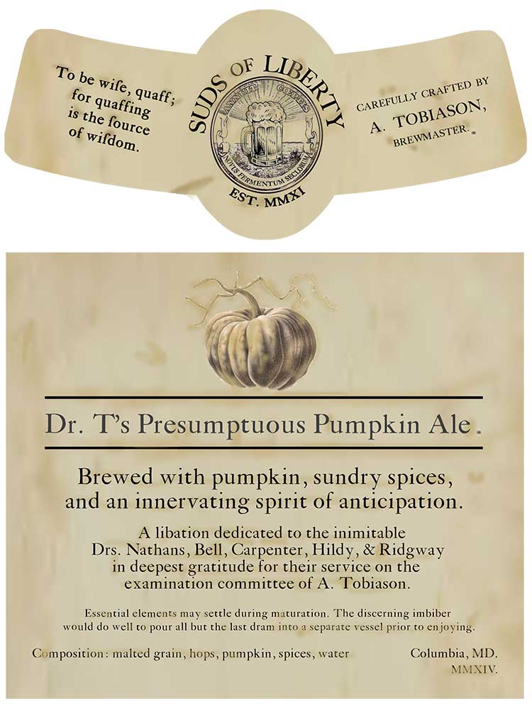 suds of liberty beer label pumpkin ale featuring nineteenth century typography by Aaron Tobiason